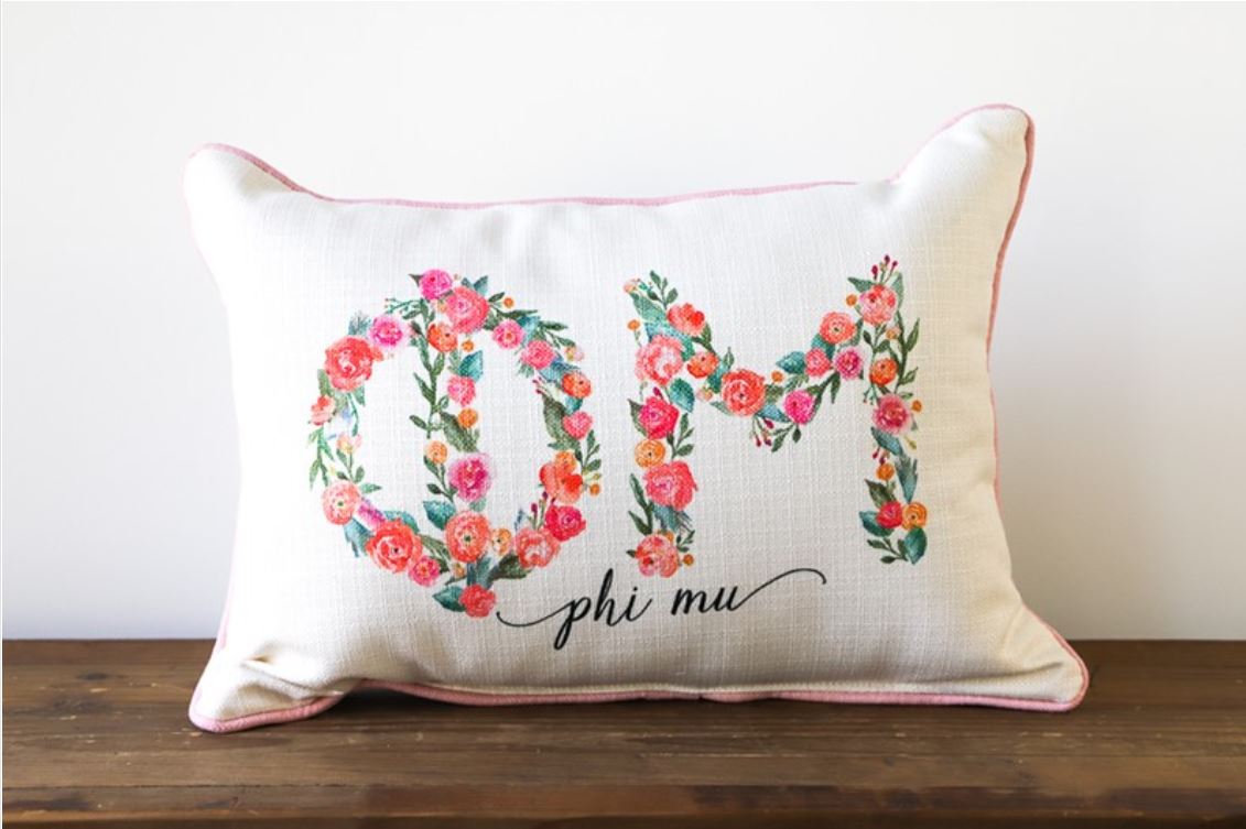 Flowery Sorority Letters Pillow - Phi Mu